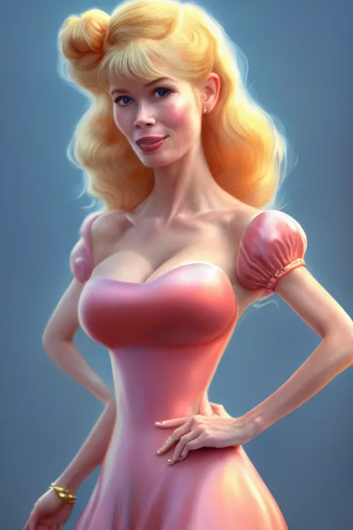 Image similar to polished sweaty princess peach : : claudia schiffer face : : christina hendricks body : : weta disney pixar movie still photo : : hi - fructose, sci fi, fantasy, decadent highly - detailed digital painting, golden ratio, octane render, artstation, smooth, sharp focus, artgerm, mucha, loish, wlop : :