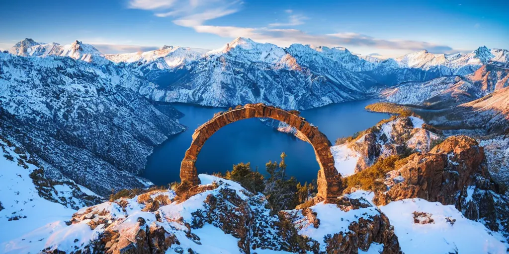 Image similar to Galaxy arch bridge, the foreground is snowy mountains and lakes, in the style of National Geographic magazine