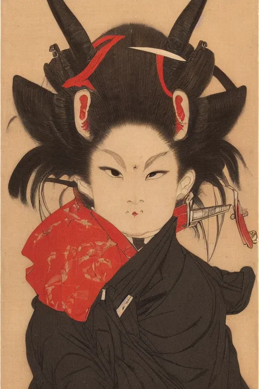 Image similar to portrait of a a fashionable ancient japanese demon oni wearing a cyberpunk bosozoku outfit, by bouguereau