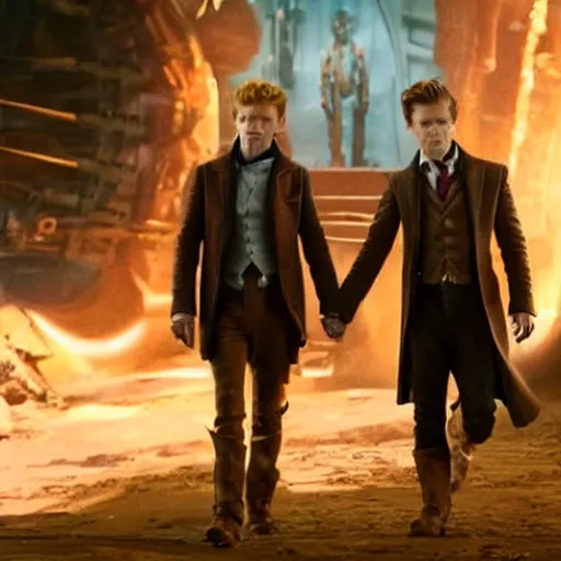 Image similar to newt scamander walking hand in hand with baby groot from guardians of the galaxy, film still from the movie, directed by david yates