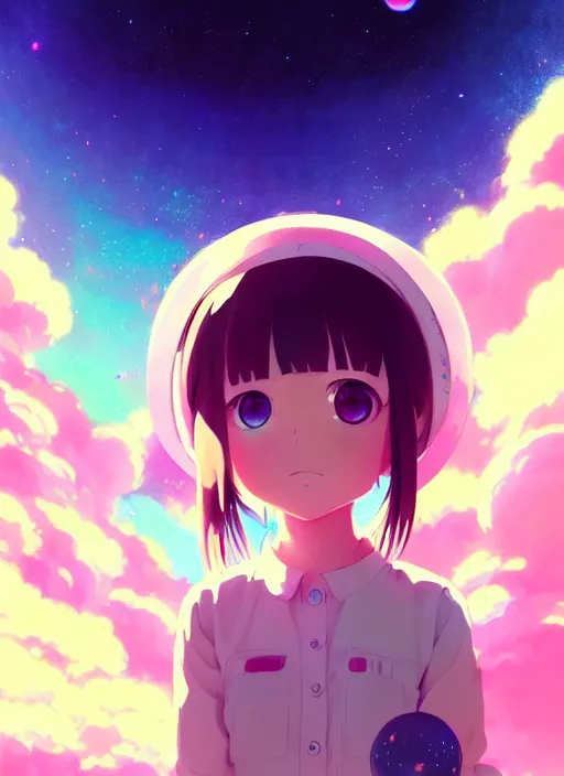 Prompt: portrait of a very cute girl with big eyes, very psychedelic space background illustration concept art anime key visual trending pixiv fanbox by wlop and greg rutkowski and makoto shinkai and studio ghibli and kyoto animation