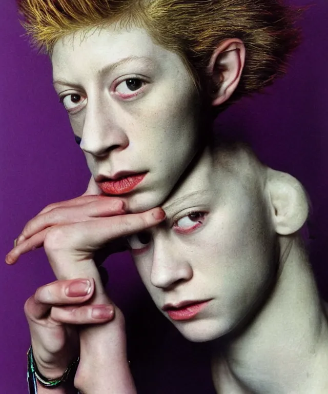 Image similar to a color photograph asia kate dillon, by robert mapplethorpe, intense, bold, exaggerated, overblown, hyperrealistic, ultra sharp, extra details, ultra high quality, trending on pinteresst