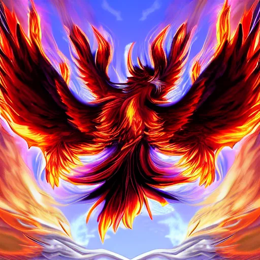 Image similar to realistic phoenix reincarnation in flames, detailed digital art