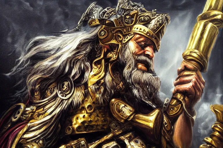 Prompt: mythological angry odin all father supreme God of thunder and smithing and artificial intelligence creating an artificial neural network with gold synapses on an anvil with his mighty hammer, high resolution, award winning art, trending on art station, sharp image, incredibly detailed, detailed character, realistic painting, hyperrealistic painting