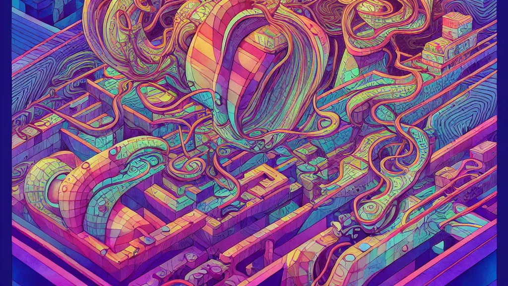 Image similar to twisted turn of fate abstraction, centered award winning ink pen illustration, isometric abstract illustration by dan mumford, edited by craola, technical drawing by beeple and tooth wu, tiny details by artgerm watercolor girl, symmetrically isometrically centered