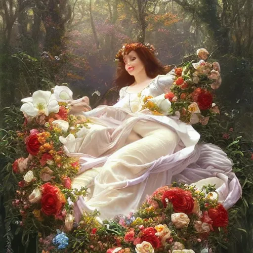 Image similar to an elaborate coffin with a mysterious sleeping beauty holding a large bouquet of flowing flowers, hands hidden under the bouquet, top view, fantasy, regal, intricate, by stanley artgerm lau, greg rutkowski, thomas kindkade, alphonse mucha, loish, norman rockwell