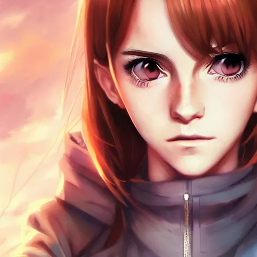 Image similar to anime portrait of emma watson as an anime girl by Stanley Artgerm Lau, WLOP, Rossdraws, James Jean, Andrei Riabovitchev, Marc Simonetti, and Sakimichan, trending on artstation