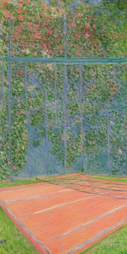 Image similar to tennis court, art by claude monet, impressionism, oil painting, bright colors, advertising painting