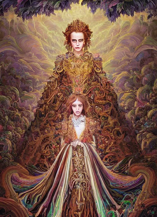 Image similar to beautiful oil painting, full length portrait of Emma Watson in baroque coronation robes 1701, Dan Mumford, Dan Mumford, Alex grey, highly detailed , lsd visuals, dmt fractal patterns, hallucinogen, visionary art, psychedelic art, ornate, vaporwave, baroque, Greg rutkowski