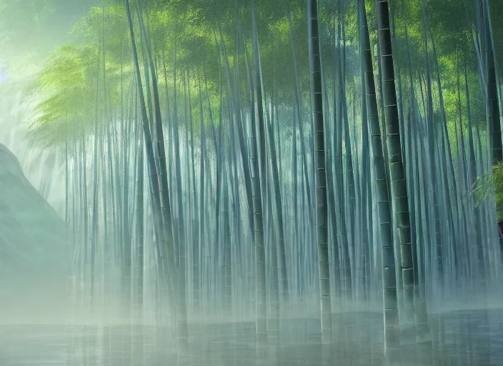 Image similar to misty japanese bamboo forest, lake, waterfall!!!!!, large mountain, rule of thirds, sunny, cartoony, stylized anime, sun rays, soft, by hayao miyazaki, ghibli studio, makoto shinkai, toei animation, studio trigger, trending on artstation, 4 k, hd