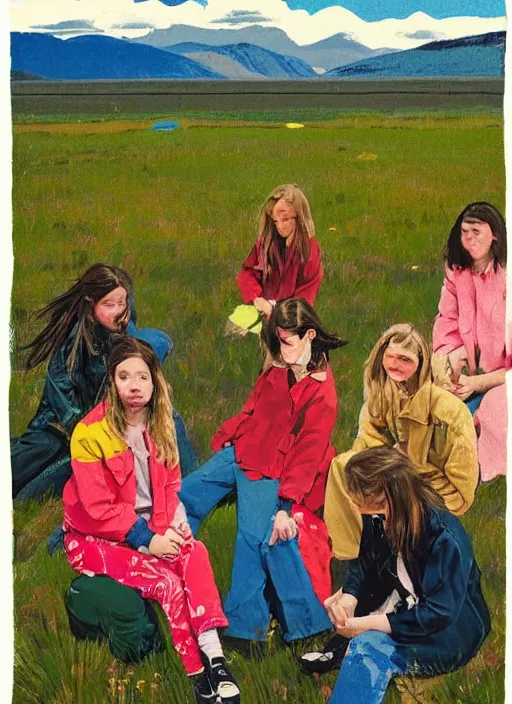 Prompt: composition by justine kurland, a portrait of a group of girls dressed in colorful jackets in a scenic representation of mother nature and the meaning of life by billy childish, thick visible brush strokes, shadowy landscape painting in the background by beal gifford, vintage postcard illustration, minimalist cover art by mitchell hooks
