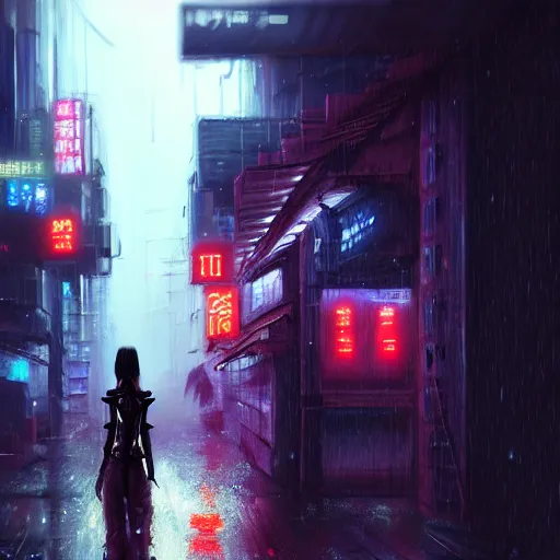 Prompt: An epic comic hyperrealistic cg painting of a cyber samurai girl, attractive, faces and details painted by painted by craig mullins, cyberpunk style color, heavy rainning at tokyo street night, neon lights all around, Matte painting, smoke, cinematic lighting, directional lights, corona render, arnold render, movie concept art, 8k, RPG portrait, Concept world, rim lights, phtotrealistic, hdri