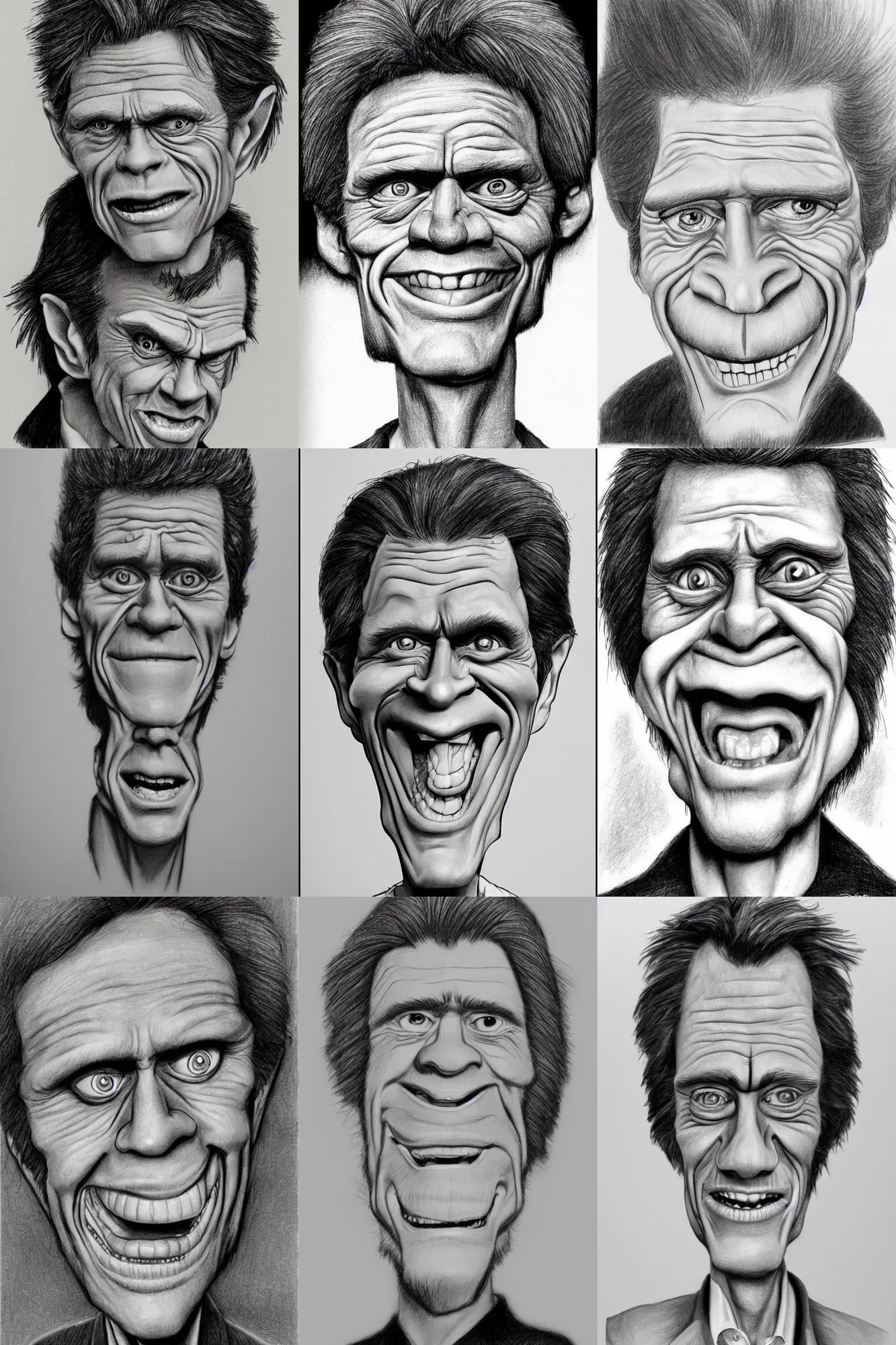Prompt: caricature of willem dafoe by tom richmond, pencil drawing, high quality
