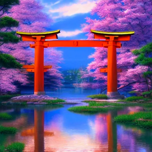 Image similar to torii gate in middle of a lake, portrait art by donato giancola and james gurney, digital art, rich vivid colors, ambient lighting, dynamic lighting, 4 k, official media, anime key visual, makoto shinkai, ilya kuvshinov, lois van baarle, rossdraws, detailed, trending on artstation