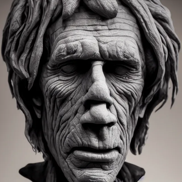 Image similar to photography of a bust of Keith Richards made of clay by Sebastian Kruger and Michelangelo, wrinkles, 50mm, studio atmosphere, 8K, rim light, octane render, ultra-realistic