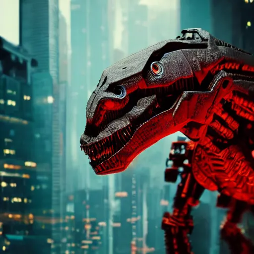 Prompt: still of a cyborg T-Rex, red eyes, robotic extended arms, 4k, film grain, 85mm