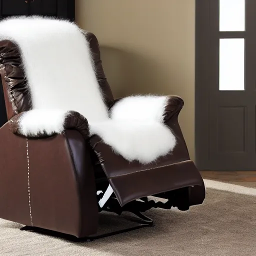 Prompt: a recliner covered in long white fur