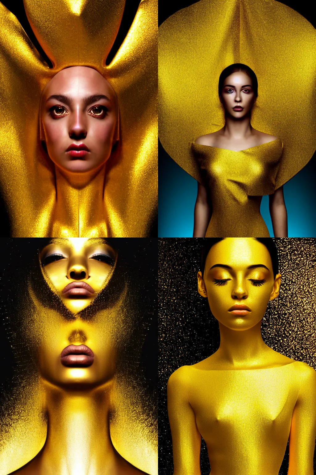 Prompt: symmetry!! close up shot of a beautiful girl in a golden dress against a black water background, hyperrealistic, artstation, photography, smooth, sharp focus, art by nick knight and david lachapelle