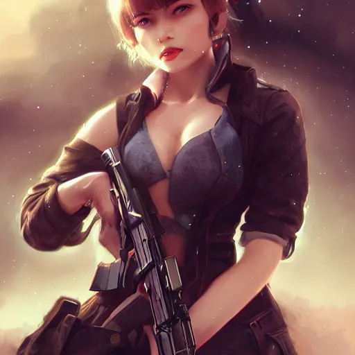 Image similar to beautiful woman with a gun, artstation, wlop, highly detailed