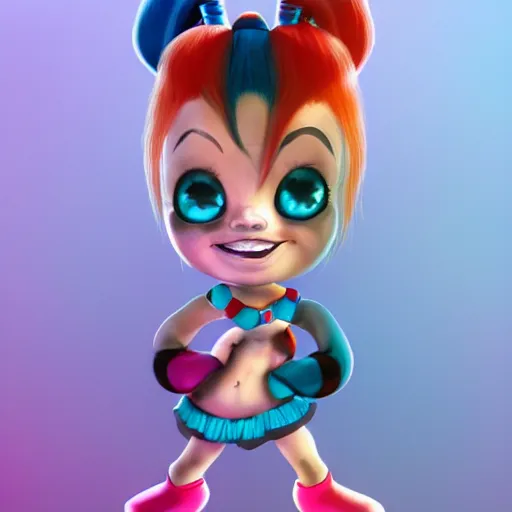 Prompt: baby harley quinn with pigtail in hair like pebbles flintstones playing with a magic wand, full body, big head, large smile, pixar style, happy, chill out 4 k trending on artstation
