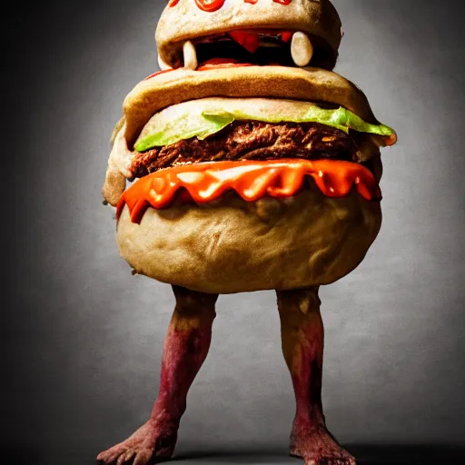 Image similar to a humanoid bipedal upright zombie that strongly resembles a hamburger, professional food photography