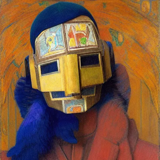 Image similar to the young robot prince with his feathered bird mask, by annie swynnerton and diego rivera and elihu vedder, symbolist, dramatic lighting, elaborate geometric ornament, head and shoulders view, art brut, soft cool colors, smooth, sharp focus, extremely detailed, adolf wolfli, donato giancola