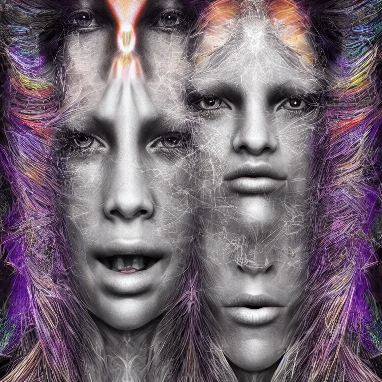 Image similar to An epic photo illustration of female symmetrical portrait by Michael Sydney Moore, Alex Grey, Irakli Nadar, hyper detailed, one face in center, multicolored, 50mm, award winning photography