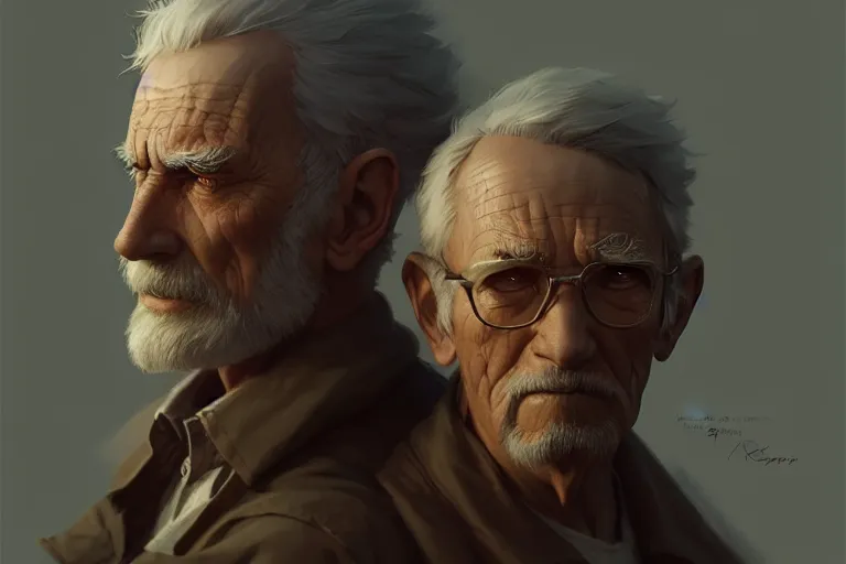 Image similar to a boy and an old man, cinematic, highly detailed, digital painting, artstation, concept art, matte, sharp focus, illustration, art by artgerm and greg rutkowski