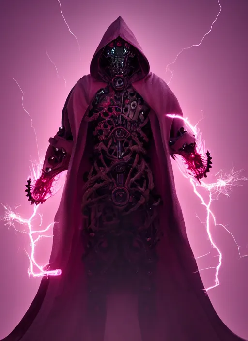 Prompt: character design, biomechanical arcanist, tattered robe and hood, pink lightning, fog, scary, arrogant, hostile, photorealistic, cinematic, hyper realistic, octane render, 8 k, full shot