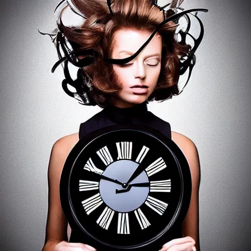 Image similar to hair styled to look like a coocoo clock with the bird popping out, real life, photograph, salon magazine cover, high end fashion, crazy hair, creative, odd