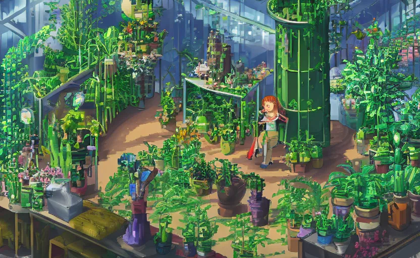 Prompt: a greenhouse with alien plants, potions, a giant fountain in the middle, a women working behind a counter, fantastic lighting, pixel art, high detail