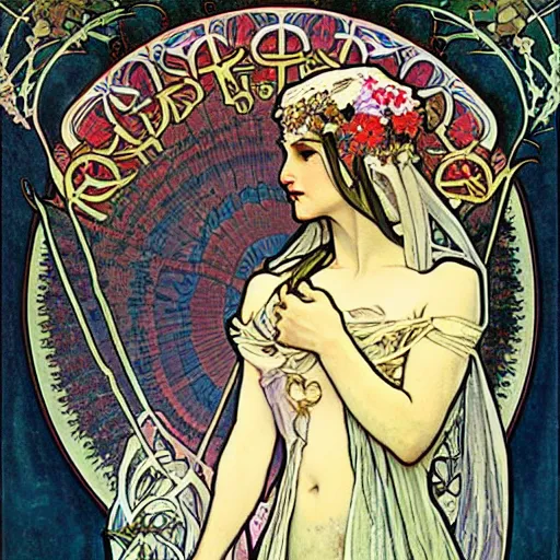 Image similar to persephone as goddess of death, flowers, dark, evil, painted by alphonse mucha