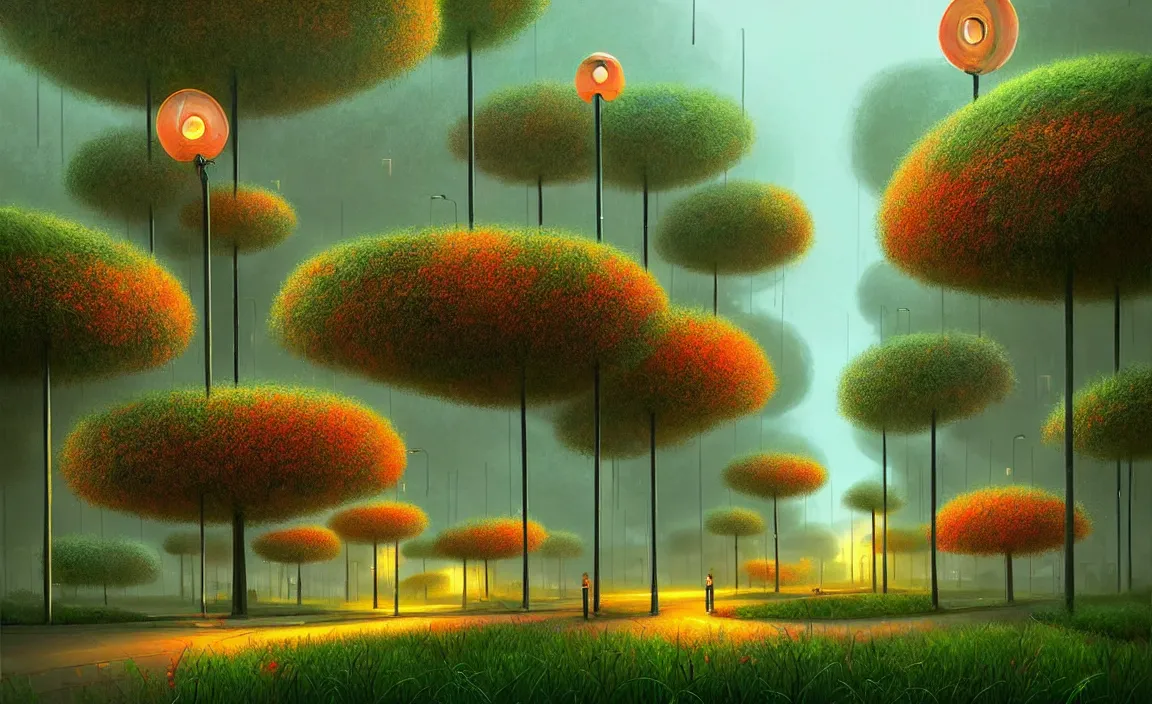 Image similar to Beautiful city of the future, overgrown with trees and plants. Raining at night with light pole illuminate the patch, Nice colour scheme, warm colour. Beautiful artistic digital artwork by artist Lurid. (2022), Gediminas Pranckevicius