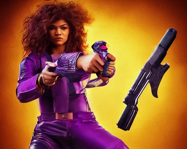 Image similar to Zendaya in heroic pose with weapon, cinematic, 4k, hyper realistic, super detailed, colorful accents, purple hair, golden ratio, symmetrical face, highly detailed professional photo, centered, rim lights, vray caustics, hyper realistic