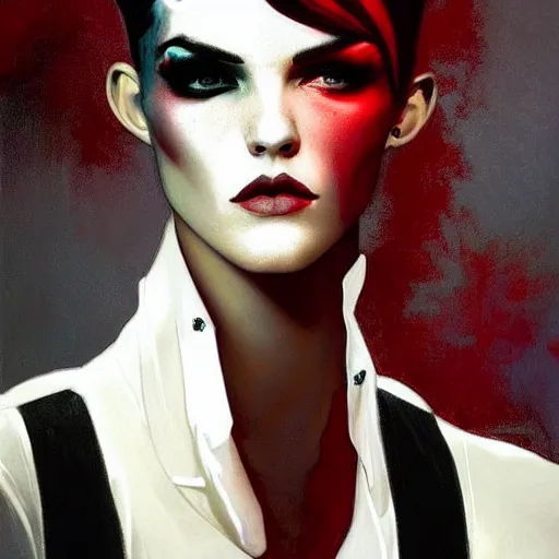 Image similar to stunning portrait of androgynous ruby rose as desire from sandman in a white tuxedo!!!, rockabilly style, by frank moth, by alphonse mucha, by jeremy mann, by peter lindbergh, dave mckean, white suit and black tie, soft lightning, high detailed, 8 k