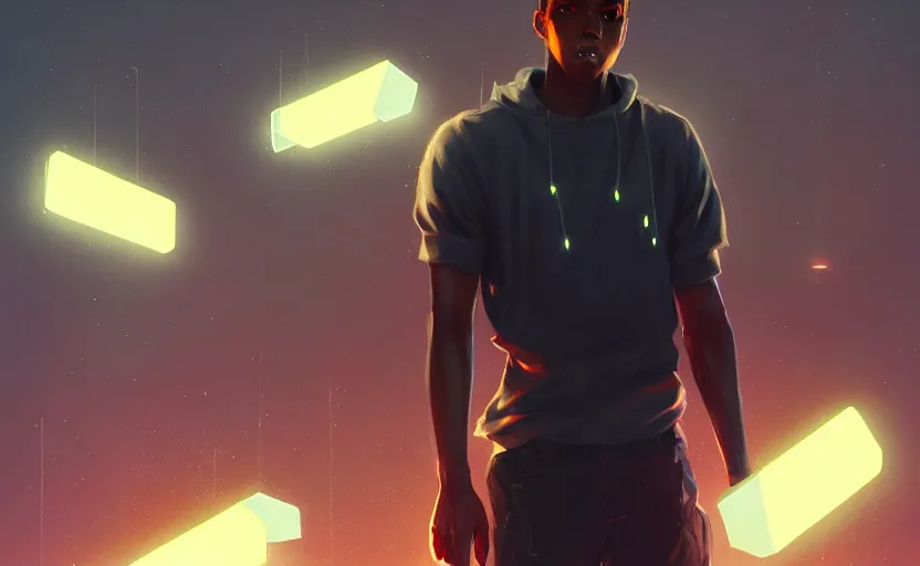 Image similar to single handsome black genius infiltrating the metaverse wearing jordans, urban atmosphere, glowing lights, highly detailed, digital painting, artstation, concept art, smooth, sharp focus, illustration, art by wlop, mars ravelo and greg rutkowski