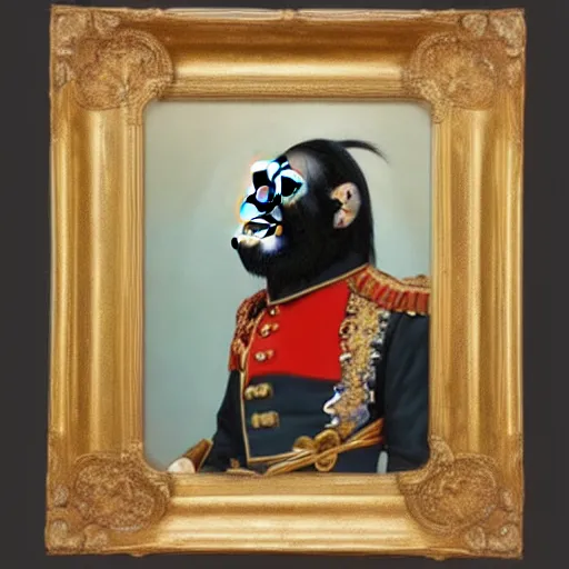 Image similar to An exquisite modern painting of a chimpanzee dressed like a bearded Napoleon with correct military uniform, no frames