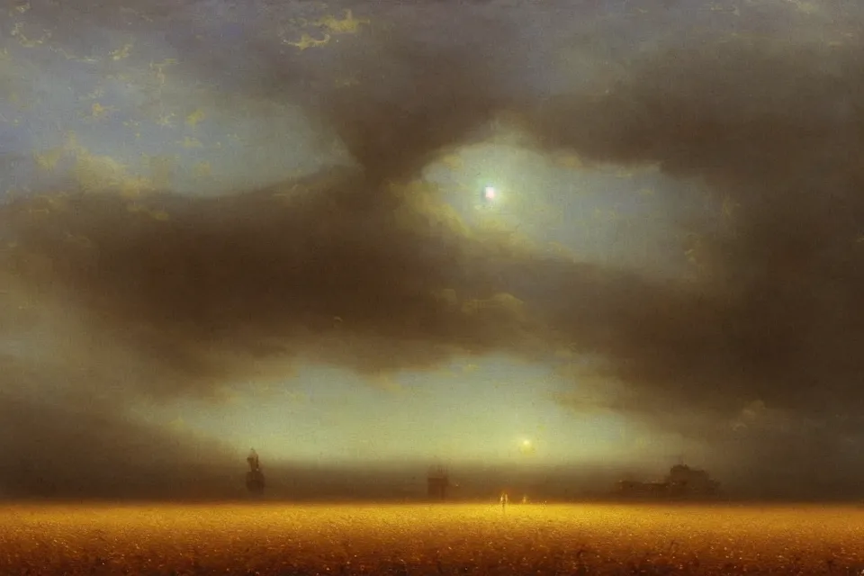 Image similar to sci-fi painting of a large alien city, the closed back view of one humanoid robot on the ground, vast wheat fields, by Ivan Aivazovsky, godrays, atmospheric, cinematic, detailed
