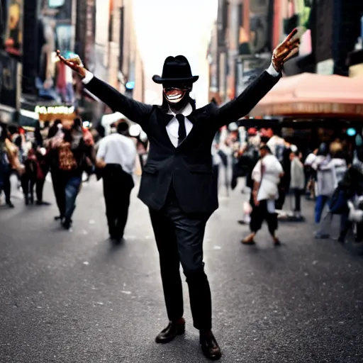 Prompt: ! dream full body shot of an enigmatic mysterious man, smiling, face unseen by wearing a woven fedora and chopard sunglasses, expensive outfit, elegant, casual, intricate, stands amongst a crowded street of ny, the man summon numerous invisible hand - like appendages from his body, made out of dark strings