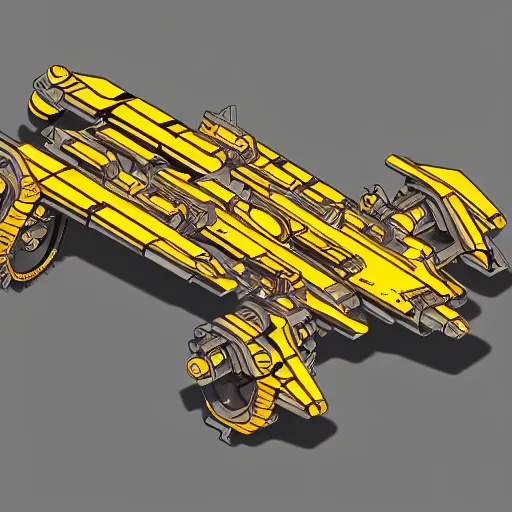 Image similar to annotated highly detailed and intricate 4 5 degree isometric cross section of mad cat mecha marker concept art style render : : metalic yellow and brown : :