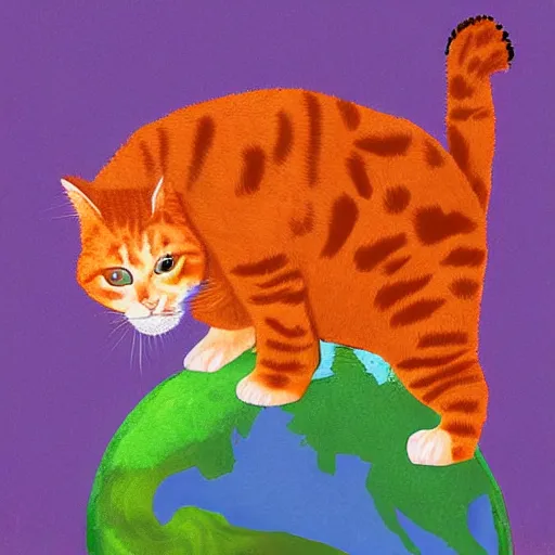 Image similar to A fuzzy orange cat sitting on planet earth, memphis style, digital art