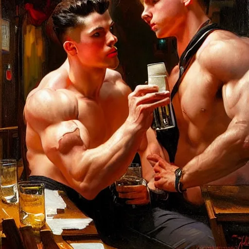 Prompt: attractive muscular male with red hair and muscular attractive male with black hair, drinking their hearts out, in a pub. very defined and highly detailed painting by j. c. leyendecker, gaston bussiere, craig mullins 8 k