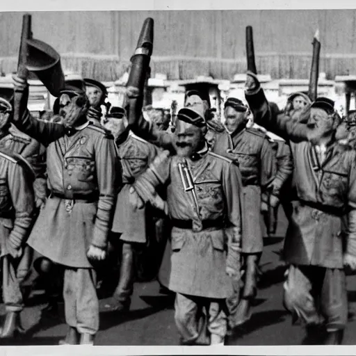 Image similar to ancient greek amphora of stalin saluting in front of a military parade