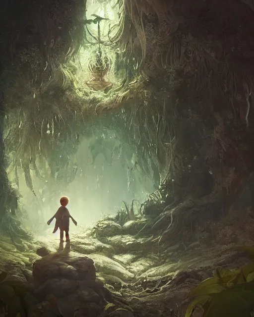 Image similar to a child looking at a portal in the hidden garden, scare, environment art, fantasy art, landscape art, in the style of greg rutkowski, illustration, epic, fantasy, intricate, hyper detailed, artstation, concept art, smooth, sharp focus, ray tracing