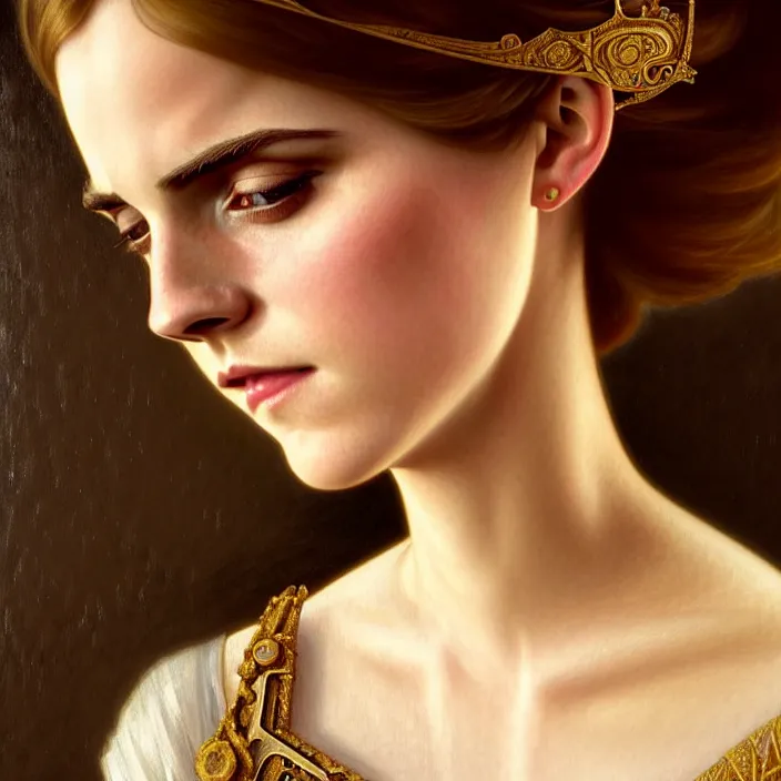 Prompt: ancient queen elegant naive emma watson, symetrical, diffuse lighting, fantasy, intricate, elegant, highly detailed, lifelike, photorealistic, digital painting, artstation, illustration, concept art, 4 k, smooth, sharp focus, art by john collier and albert aublet and krenz cushart and artem demura and alphonse mucha