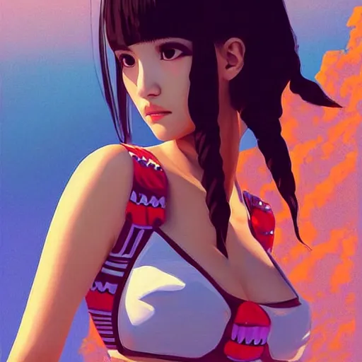 Image similar to a beautiful young japanese natalie portman alluring gravure model, stylized concept art, wearing elegant designer bomber jacket and one piece bikini, bomber jacket with mesoamerican patterns, mesoamerican native street fashion, princess mononoke, painted by ilya kuvshinov aesthetic, gorgeous, stunning, alluring, attractive, artstation, pinterest, digital art
