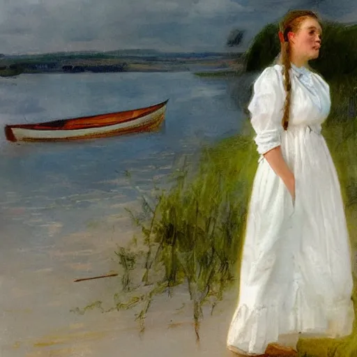 Image similar to a young woman wearing a white dress on a Swedish beach, a small rowboat is visible, in the style of anders zorn