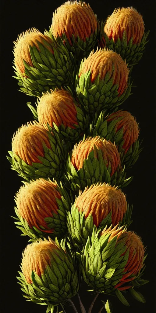 Prompt: detailed king proteas and pincushions against a black backdrop by thomas cole, artstation