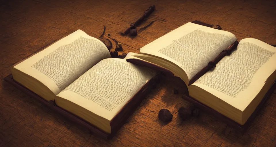 Image similar to a majestic and mystifying book about life, wooden book, relic, dark knowledge, wisdom, secrets, hard cover book, adventure, glowing, moody environment, wooden table, feeling of doom and gloom, realistic, 8 k render, unreal engine 5 render