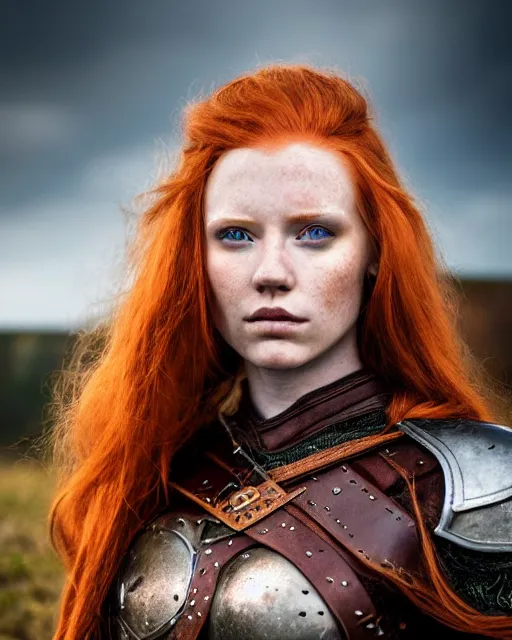 Image similar to north adult female warrior, red hair, ginger hair, long hair, fantasy, female Viking, high detailed, photography, cloudy, lightweight leather armour, Scandinavia, plain, detailed face, beautiful face, beautiful girl, look into the distance, professional model, glowing skin, serious face, full body,in full growth, professional photographer, masterpiece, 50 mm, extremely detailed, 8k, 3D